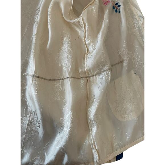 Vtg 50s Chinese Satin Embroidered Lounge Set Jacket & Pants Floral Frog Button - Picture 7 of 16